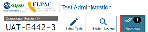 Students Awaiting Approval portion of the Test Administrator Interface with the Approvals button called out.