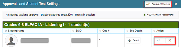 Approvals and Student Test Settings screen.
