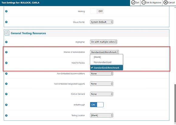 Student Test Settings screen with Manner of Administration field called out.