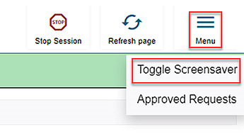 Menu icon with Menu indicated, with Toggle Screensaver option indicated and Approved Requests option not indicated.