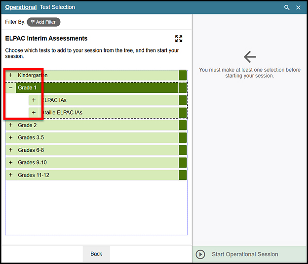 Operational Test Selection screen within the Test Administrator Interface, with the Add Filter button, plus and minus, and Search indicated. 