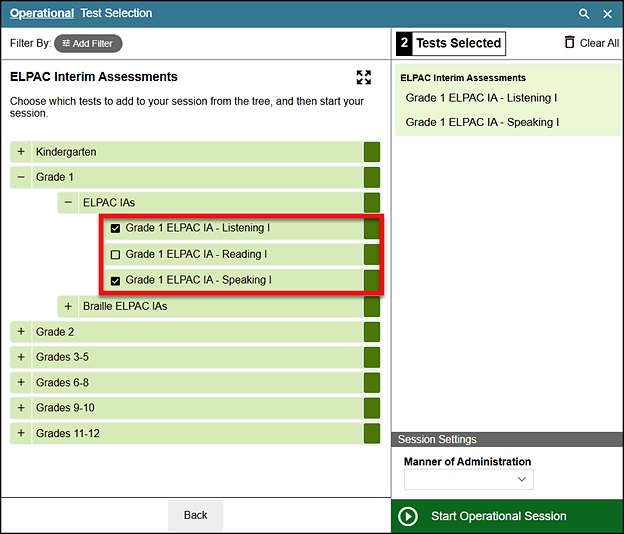 Test Selection Screen with Grade 1 ELPAC IA - Listening I and Grade 1 ELPAC IA -Speaking I called out. 