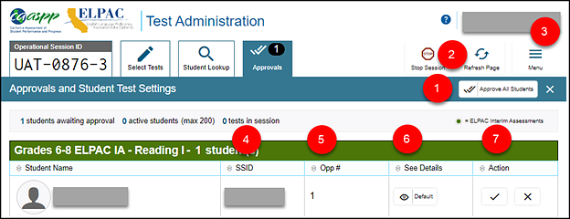 Approvals and Student Test Settings screen, with Approve All Students button, Refresh button, Done button, SSID, Opportunity Number, See Details, and Action called out; these are listed in table 1.