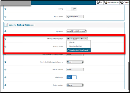 Student Test Settings screen with Manner of Administration field called out.