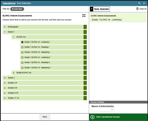 Select grade level or grade span and content area screen.