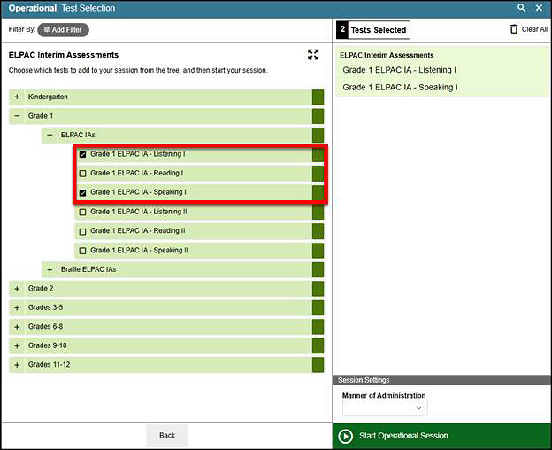 Test Selection Screen with Grade 1 ELPAC IA - Listening I and Grade 1 ELPAC IA -Speaking I called out. 