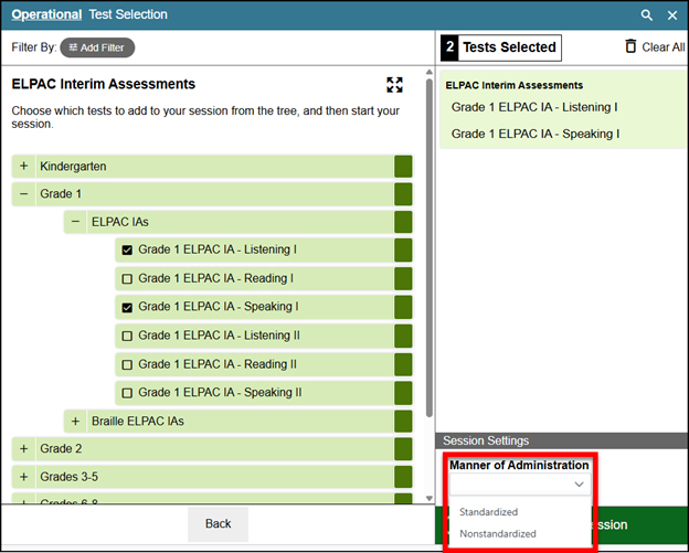 Operational Test Selection screen with the drop-down list called out; options include Nonstandardized and Standardized/Benchmark.