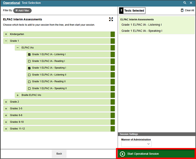 Operational Test Selection screen with the Start Operational Session button called out.
