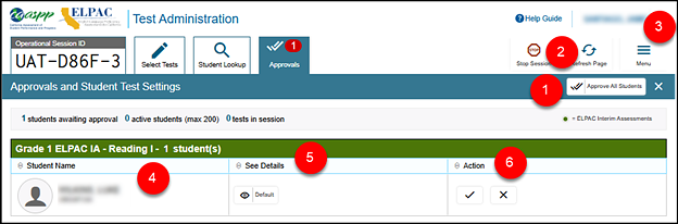 Approvals and Student Test Settings screen, with Approve All Students button, Refresh button, Done button, Student Name column, See Details, and Action called out; these are listed in table 1.