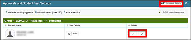 Approvals and Student Test Settings screen with the Approve and Deny buttons called out.
