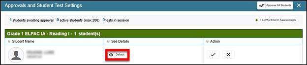 Approvals and Test Settings screen, with the View icon called out in the See Details column.
