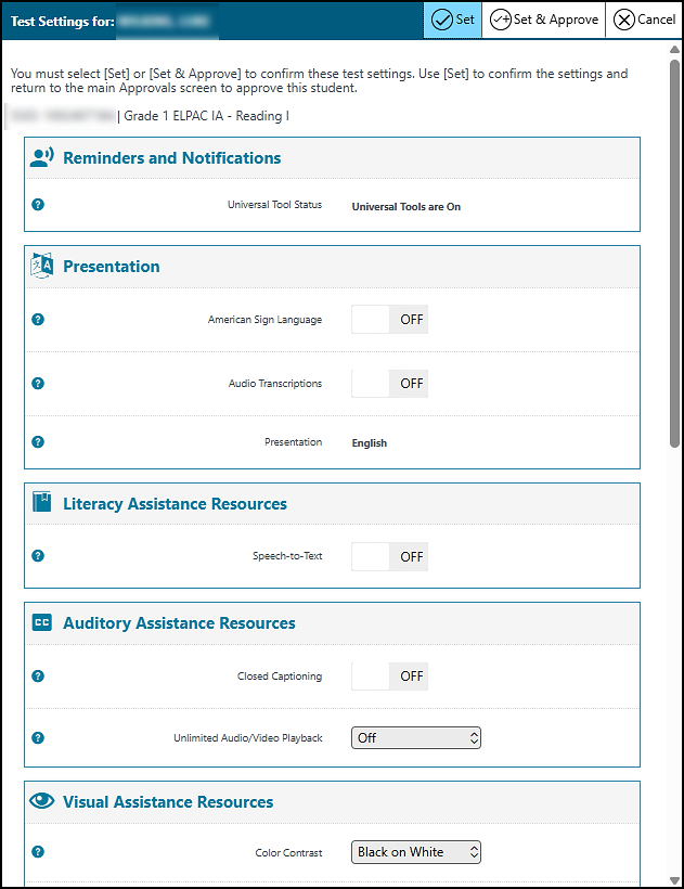Test Settings screen for a sample student.