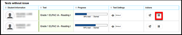 Tests without issue table with the Pause Test button called out.