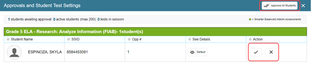 Approvals and Student Test Settings screen