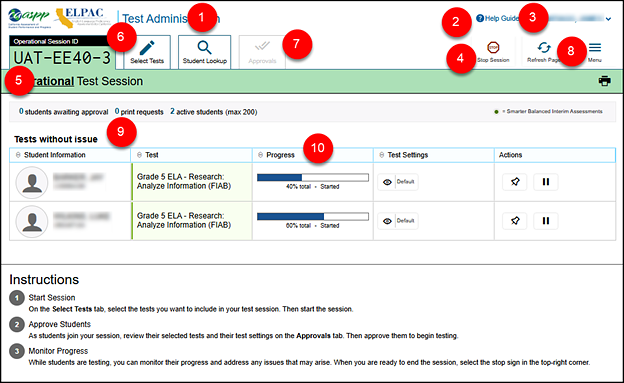 TA Interface landing page with the corresponding callouts in the table following the figure.