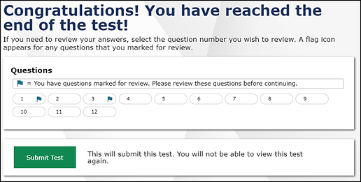 Test review screen with 'Complete this test segment and submit it. This will end this test session. You will not be able to view this test again.' called out.