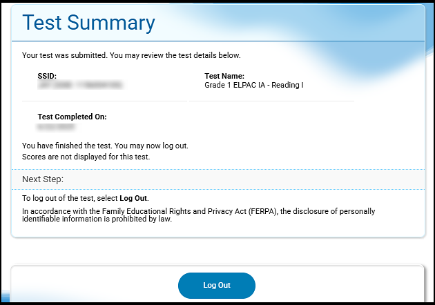 Test Summary confirmation screen.