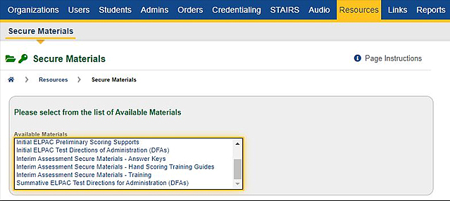 Secure Materials screen with the Available Materials showing interim assessment secure materials