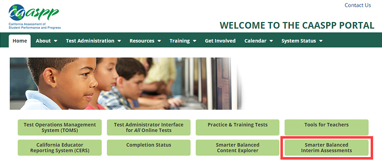 CAASPP website with the Smarter Balanced Interim Assessments button called out