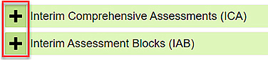 Interim assessment options for Interim Comprehensive Assessments and Interim Assessment Blocks with the Plus buttons called out