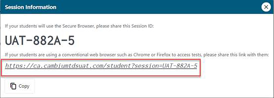 Test Administrator Interface window, with Session Information window visible, and an example Session ID link called out. 