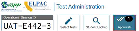 A portion of the test administration window, with the Approvals button called out. 