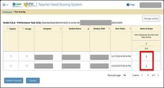 Test Scoring screen with applied item score(s).