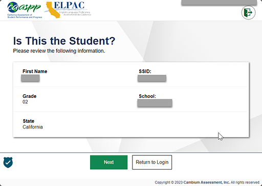 Is This the Student? screen showing student information and the Next and Return to Login buttons