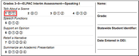 Sample Speaking Interim Assessment Student Score Sheet with question 1 indicated. 