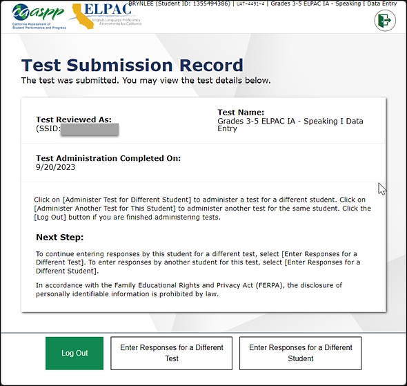 Test Submission Record screen with three buttons at the bottom: Log Out, Enter Responses for a Different Test, and Enter Responses for a Different Student