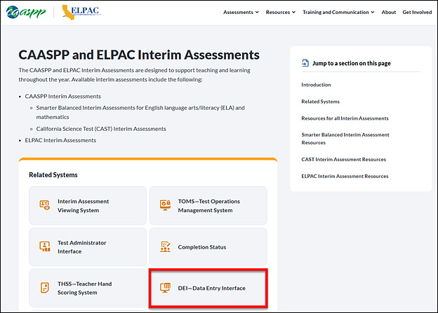 The CAASPP and ELPAC Interim Assessments web page with the DEI—Data Entry Interface button indicated.