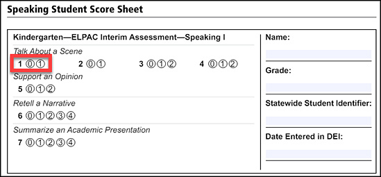 Sample Speaking Interim Assessment Student Score Sheet with item 1 indicated. 