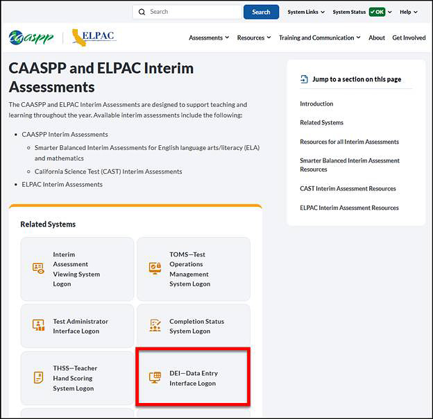 The CAASPP and ELPAC Interim Assessments web page with the DEI—Data Entry Interface Logon button indicated.