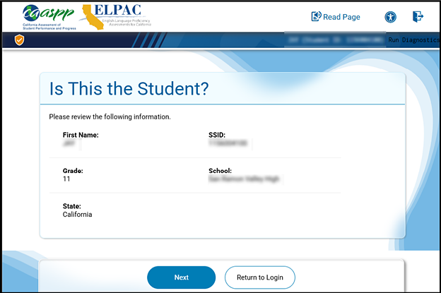 Is This the Student? screen showing student information and the Next and Return to Login buttons.