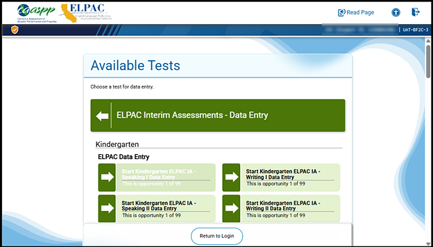 Available Tests screen.