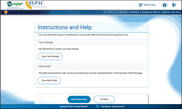 Instructions and Help screen with Begin Data Entry and Go Back buttons. 