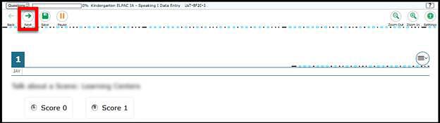 Data Entry Interface screen showing the last item to be scored, with the Next button indicated.