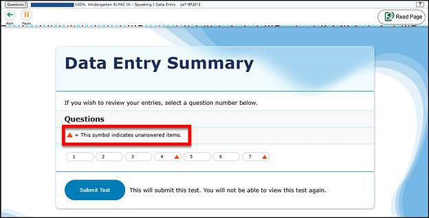 Data Entry Summary screen with the text indicating the triangle symbol equals unanswered items called out.
