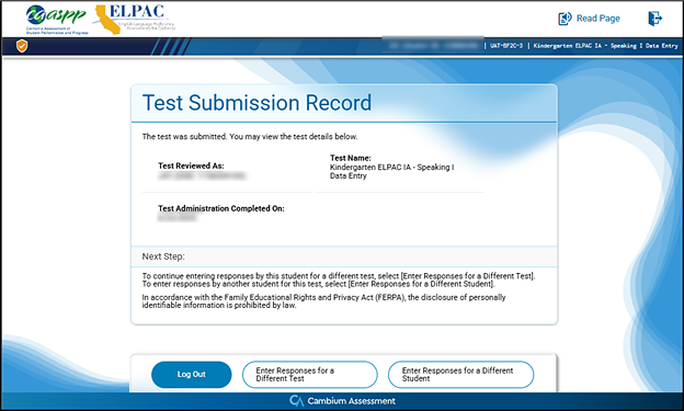 Test Submission Record screen with three buttons at the bottom: Log Out, Enter Responses for a Different Test, and Enter Responses for a Different Student.