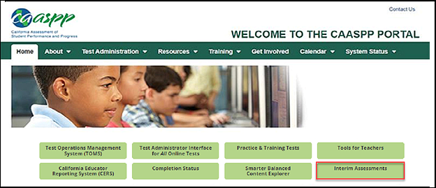 CAASPP website with the Interim Assessments button called out