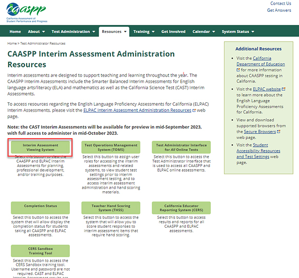 Interim Assessment Administration Resources web page with the Interim Assessment Viewing System button called out