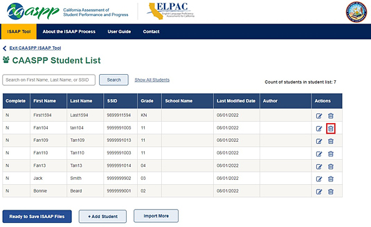 Student List web page with the Delete icon indicated in the table's Action column