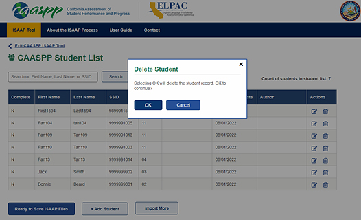 Delete Student dialog box on the Student List web page that reads, 'Selecting OK will delete the student record. OK to continue?' with OK and Cancel buttons