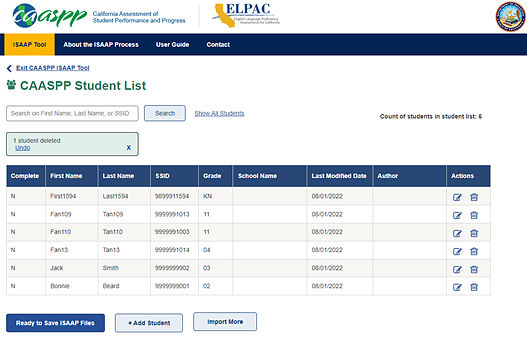 Message on the Student List web page in a green box that reads, '1 student deleted,' with an Undo link and an X icon