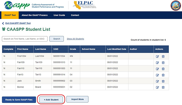 Student List web page with the + Add Student button indicated