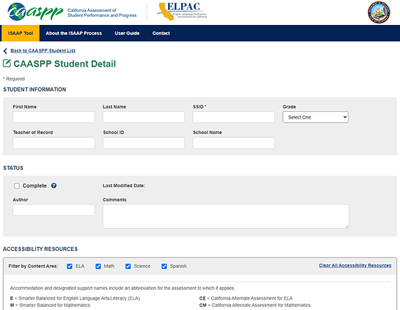 Student Detail web page with blank fields for adding student information