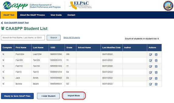 Student List web page with the Import More button indicated
