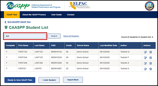 Student List screen with the Search box indicated.
