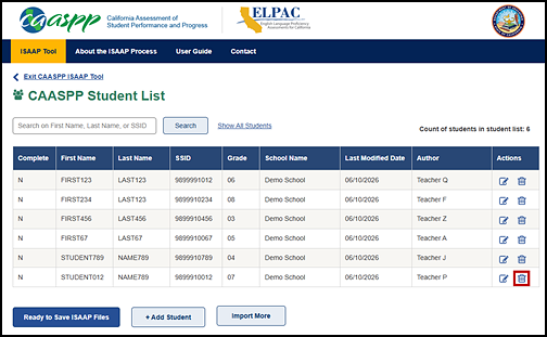 Student List screen with the Delete icon indicated in the table's Action column.