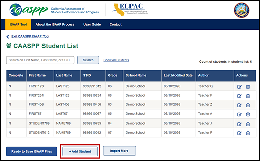 Student List screen with the + Add Student button indicated.